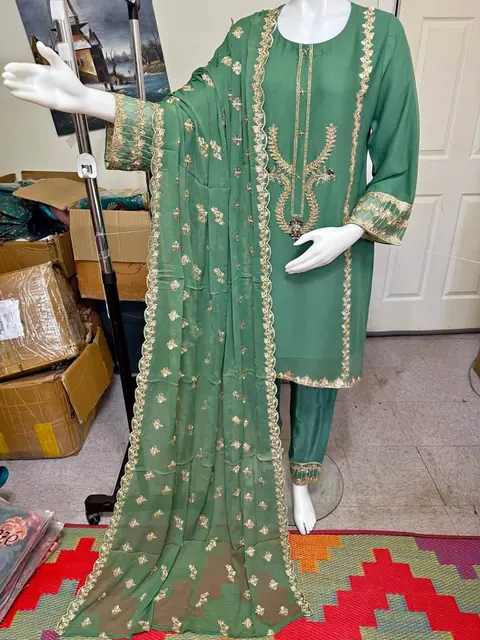 Green Chiffon Embroidered Pakistani Party Wear Dress