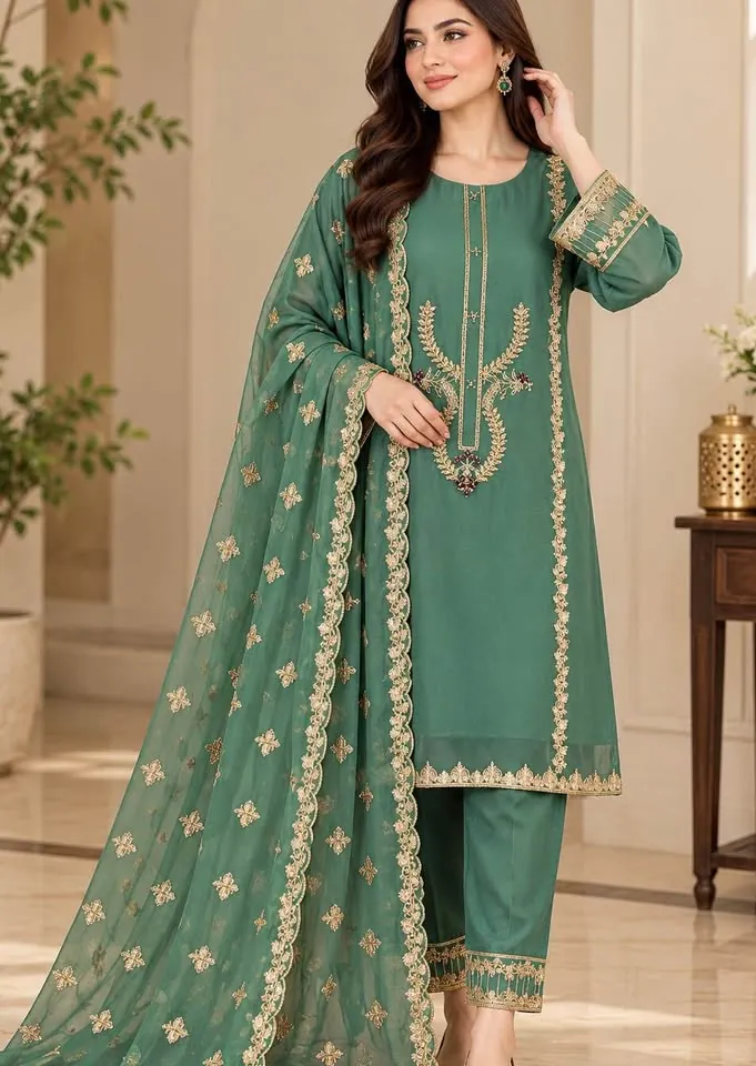 Green Chiffon Embroidered Pakistani Party Wear Dress, photo 2 of 5