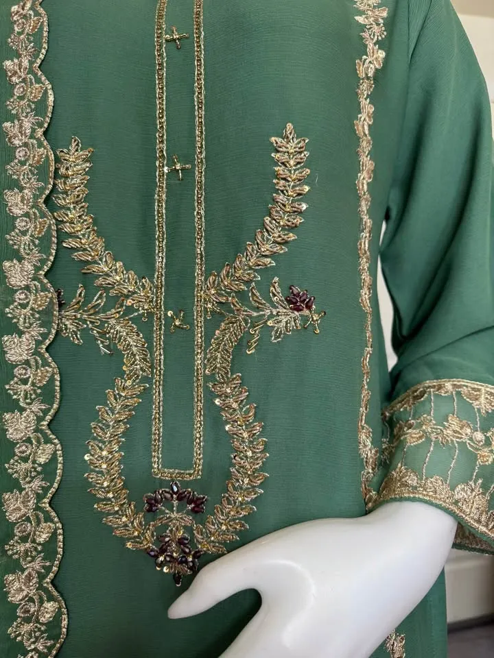 Green Chiffon Embroidered Pakistani Party Wear Dress, photo 5 of 5