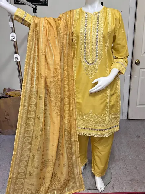 Cotton Embroidered 3-Piece Pakistani Suit with Monar Dupatta