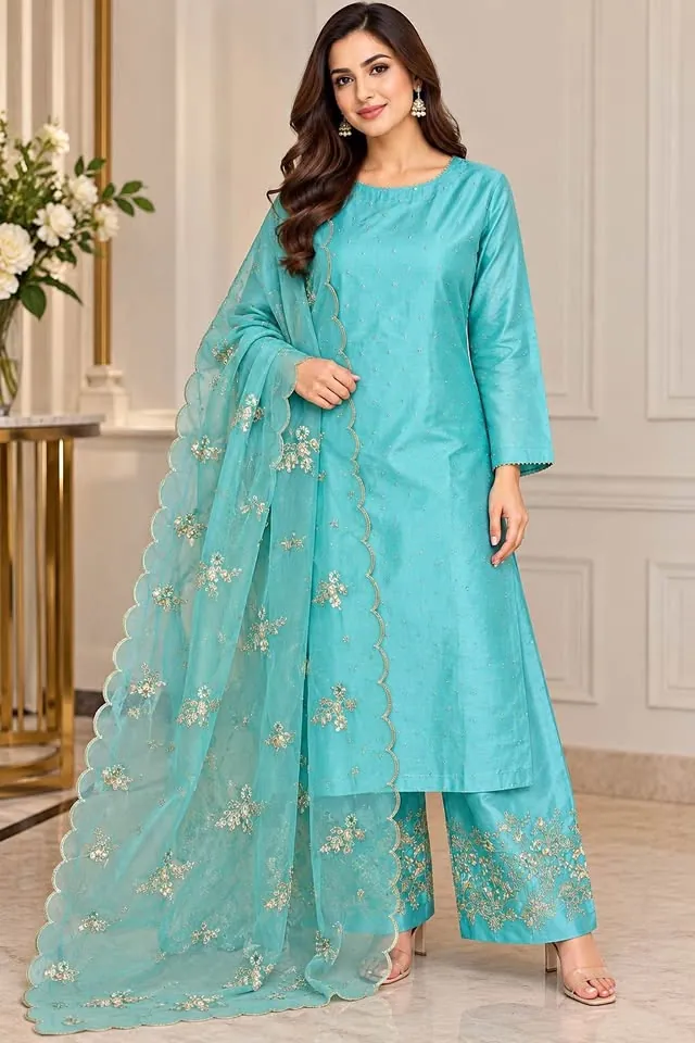 Katan Silk Embroidered Palazzo Suit with Organza Dupatta