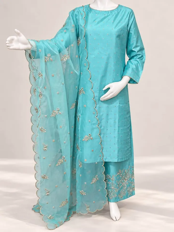 Katan Silk Embroidered Palazzo Suit with Organza Dupatta, photo 2 of 5