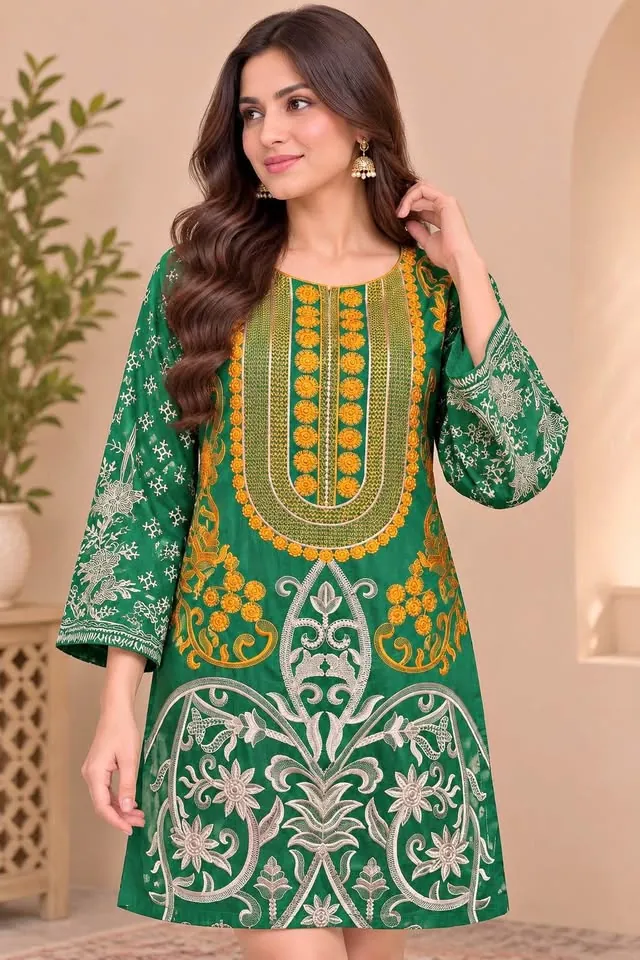 Green Viscose Embroidered Kurti / Top
