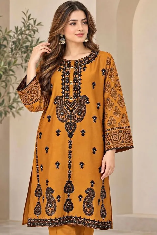 Brown Viscose Embroidered Kurti / Top, photo 1 of 6