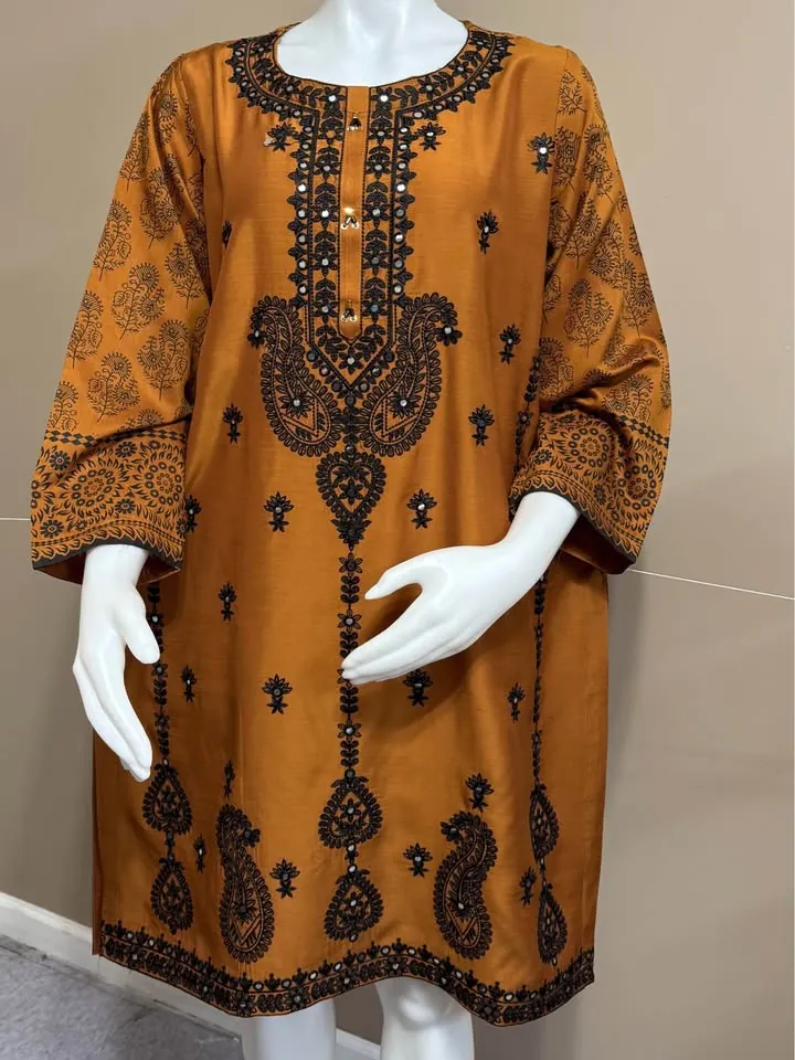 Brown Viscose Embroidered Kurti / Top, photo 2 of 6