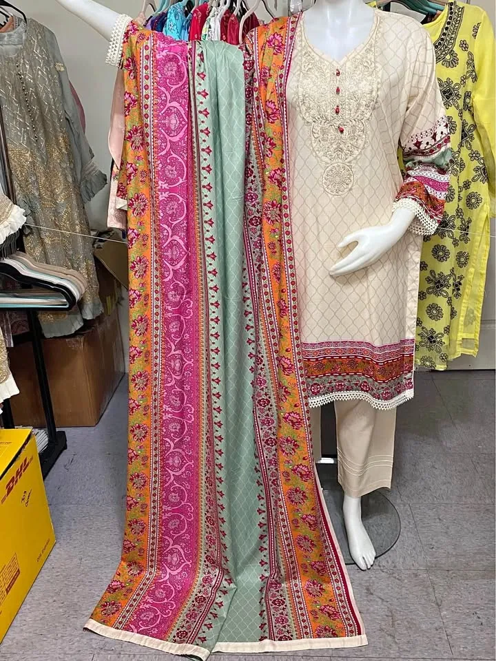 Beige Linen Neck Embroidered Dress, photo 1 of 3