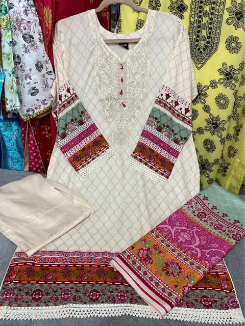 Beige Linen Neck Embroidered Dress, photo 3