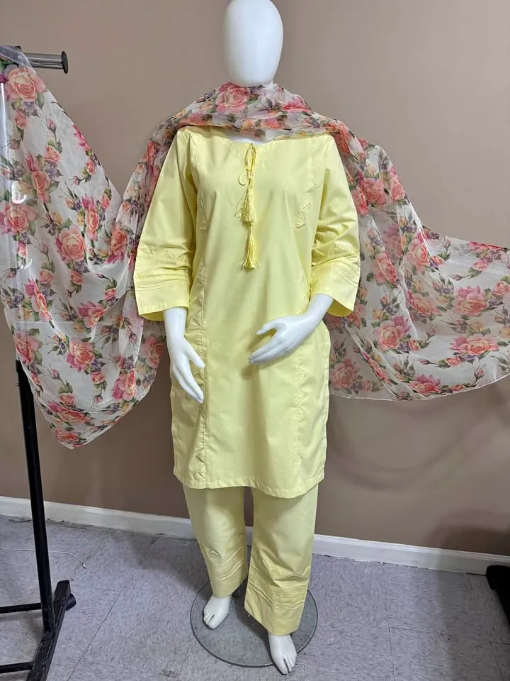 Yellow Thick Cotton Stitched Dress with Organza Dupatta, photo 1 of 5