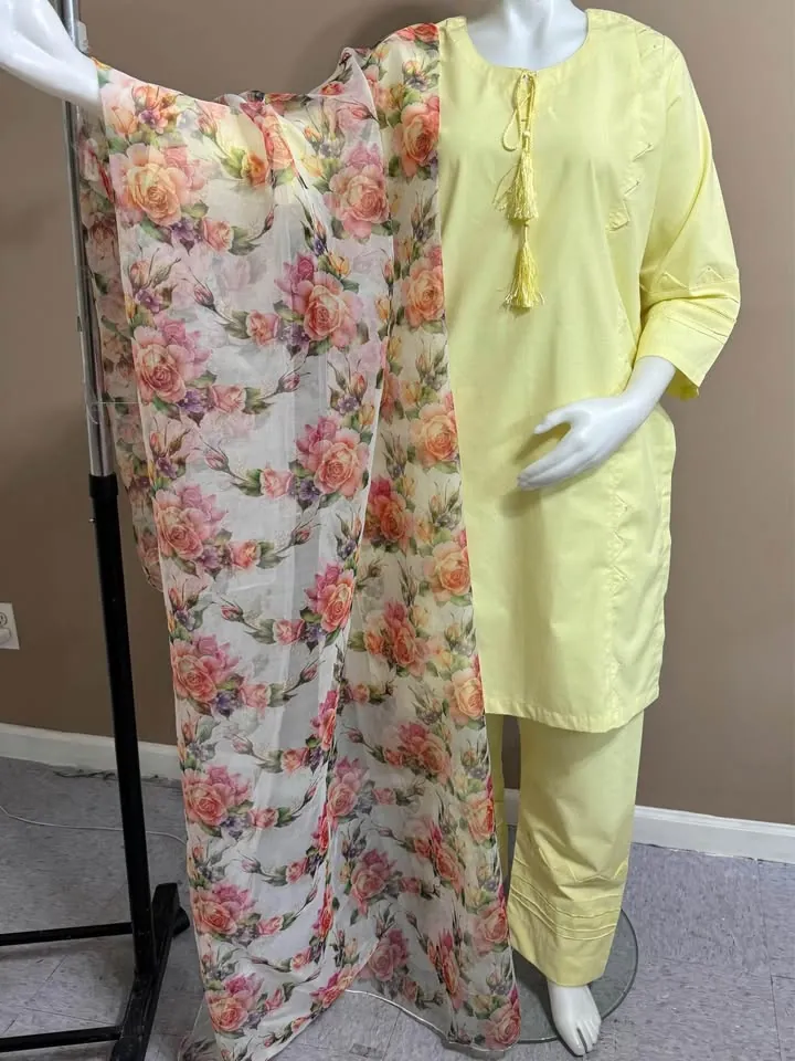Yellow Thick Cotton Stitched Dress with Organza Dupatta, photo 2 of 5