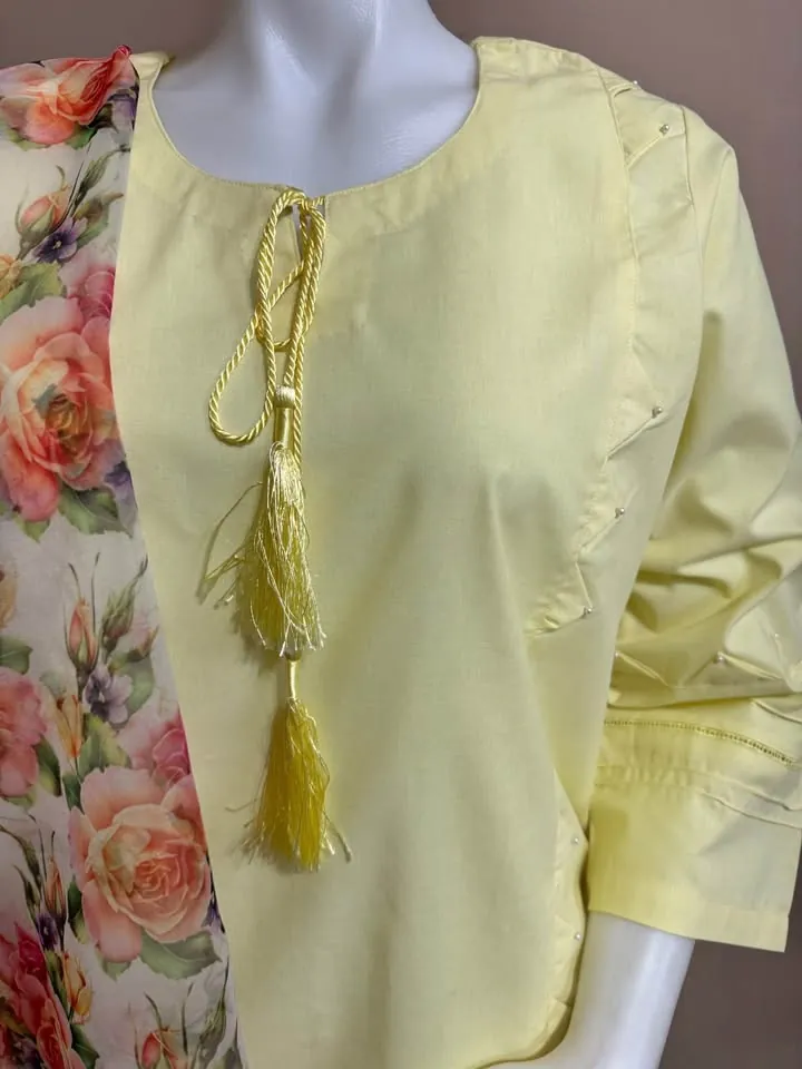 Yellow Thick Cotton Stitched Dress with Organza Dupatta, photo 3 of 5