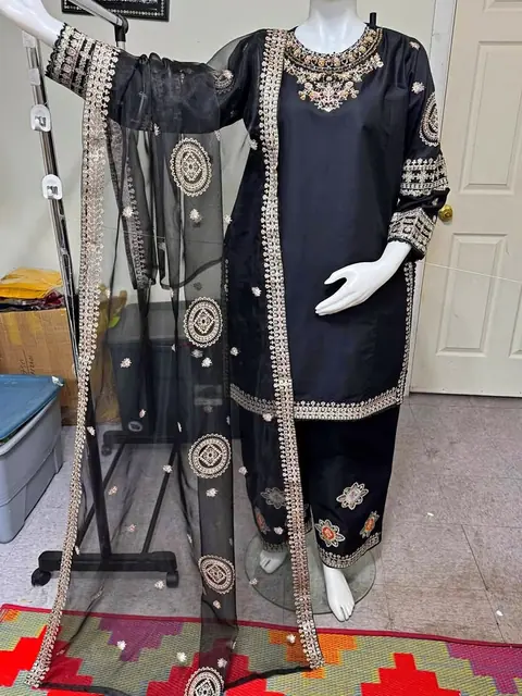 Cotton Party Wear Dress with Organza Dupatta